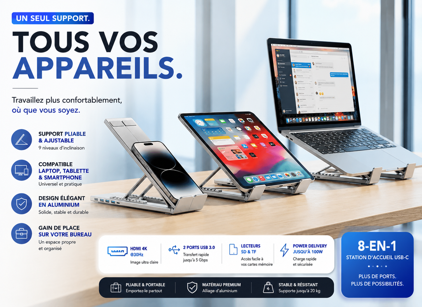 💻 Support Laptop 8-en-1 avec Hub USB-C