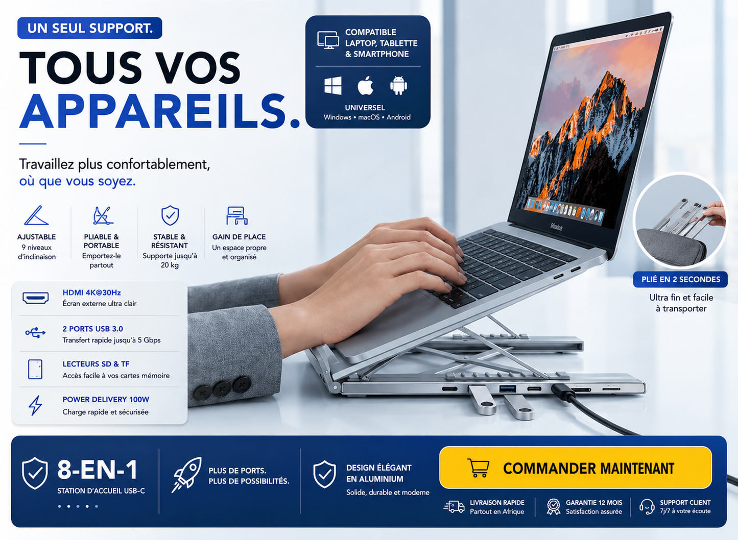 💻 Support Laptop 8-en-1 avec Hub USB-C