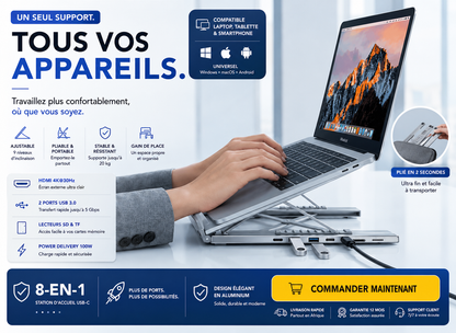 💻 Support Laptop 8-en-1 avec Hub USB-C
