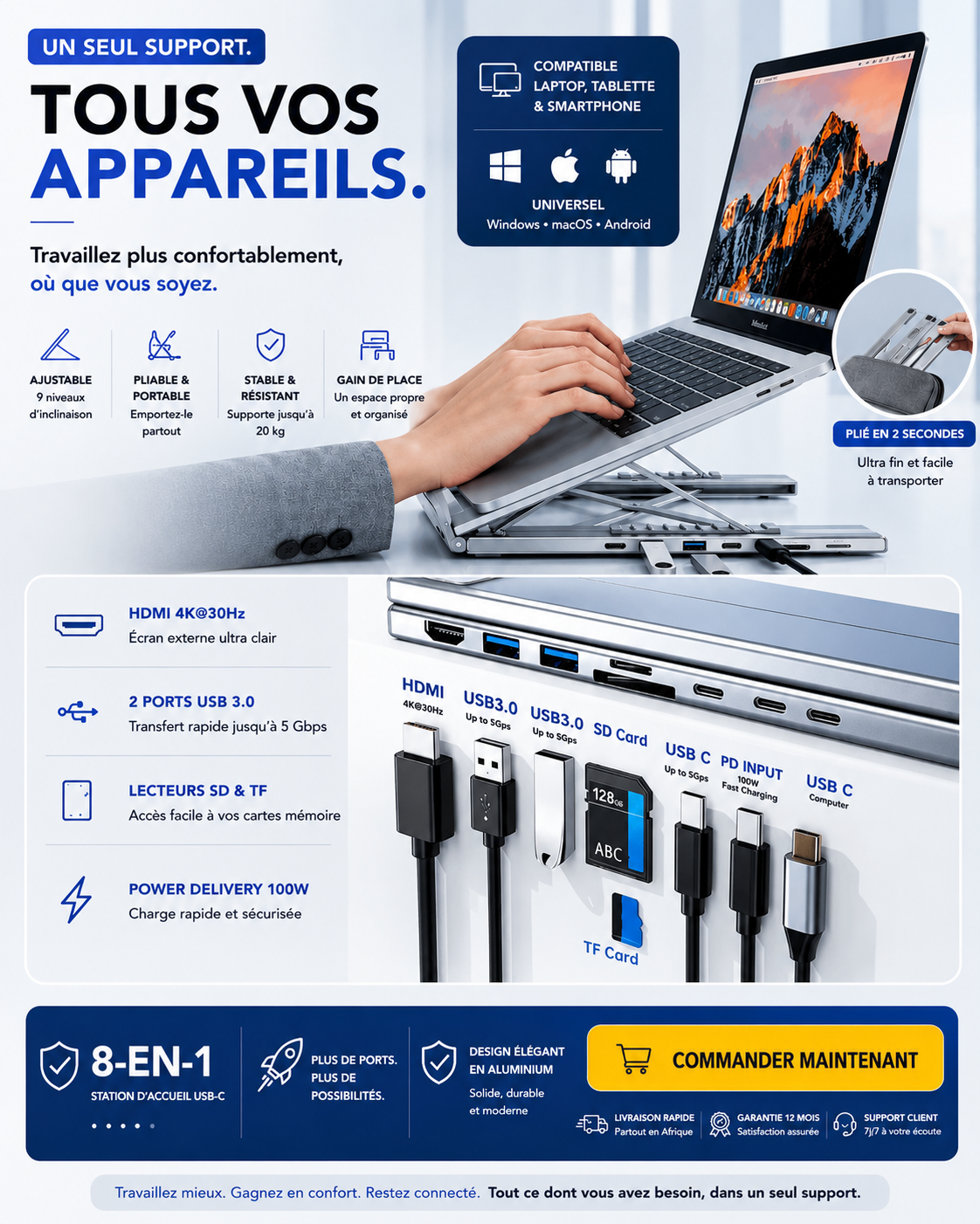 💻 Support Laptop 8-en-1 avec Hub USB-C
