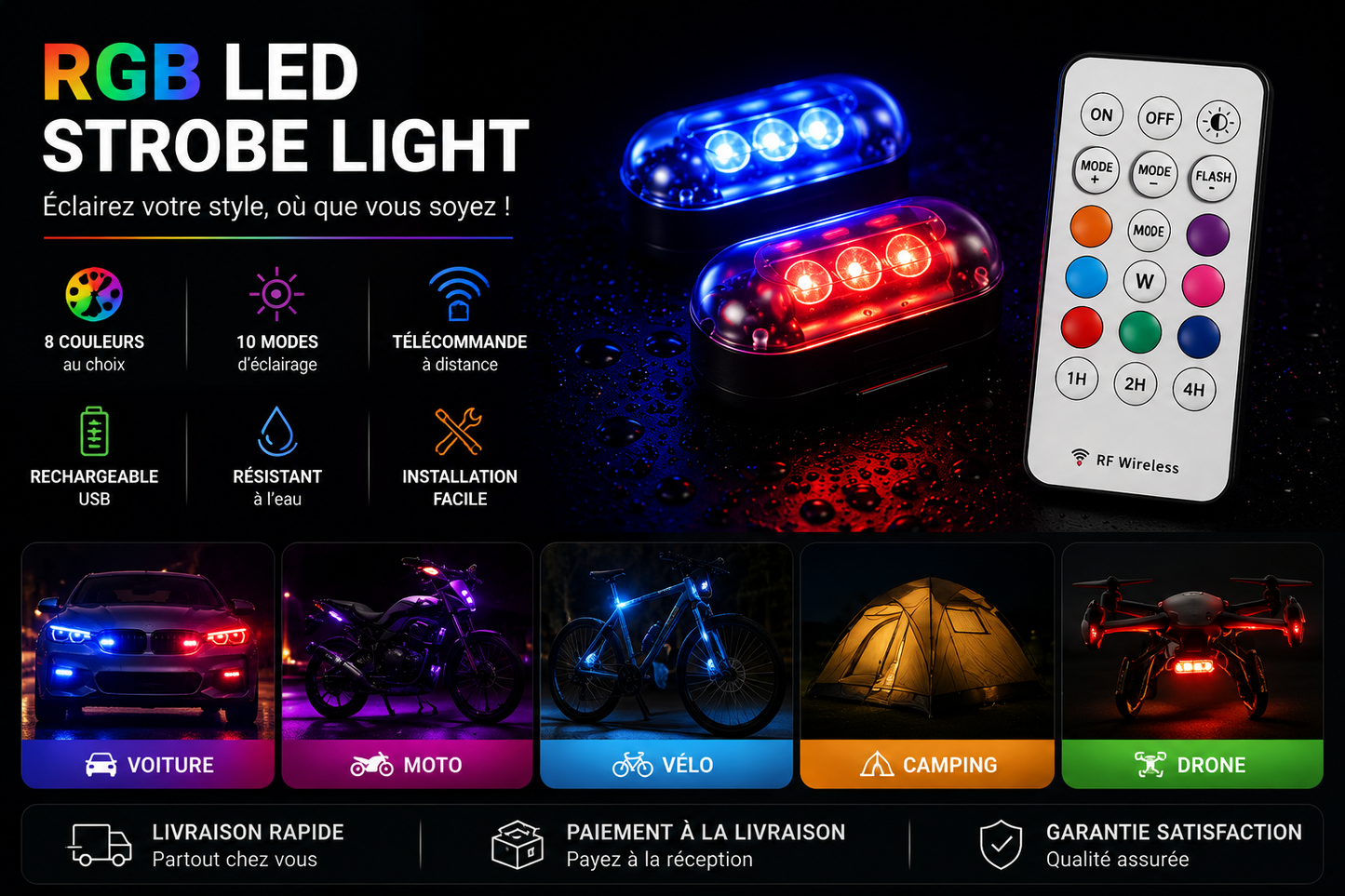 Lampe LED RGB Stroboscopique – 8 Couleurs & Télécommande