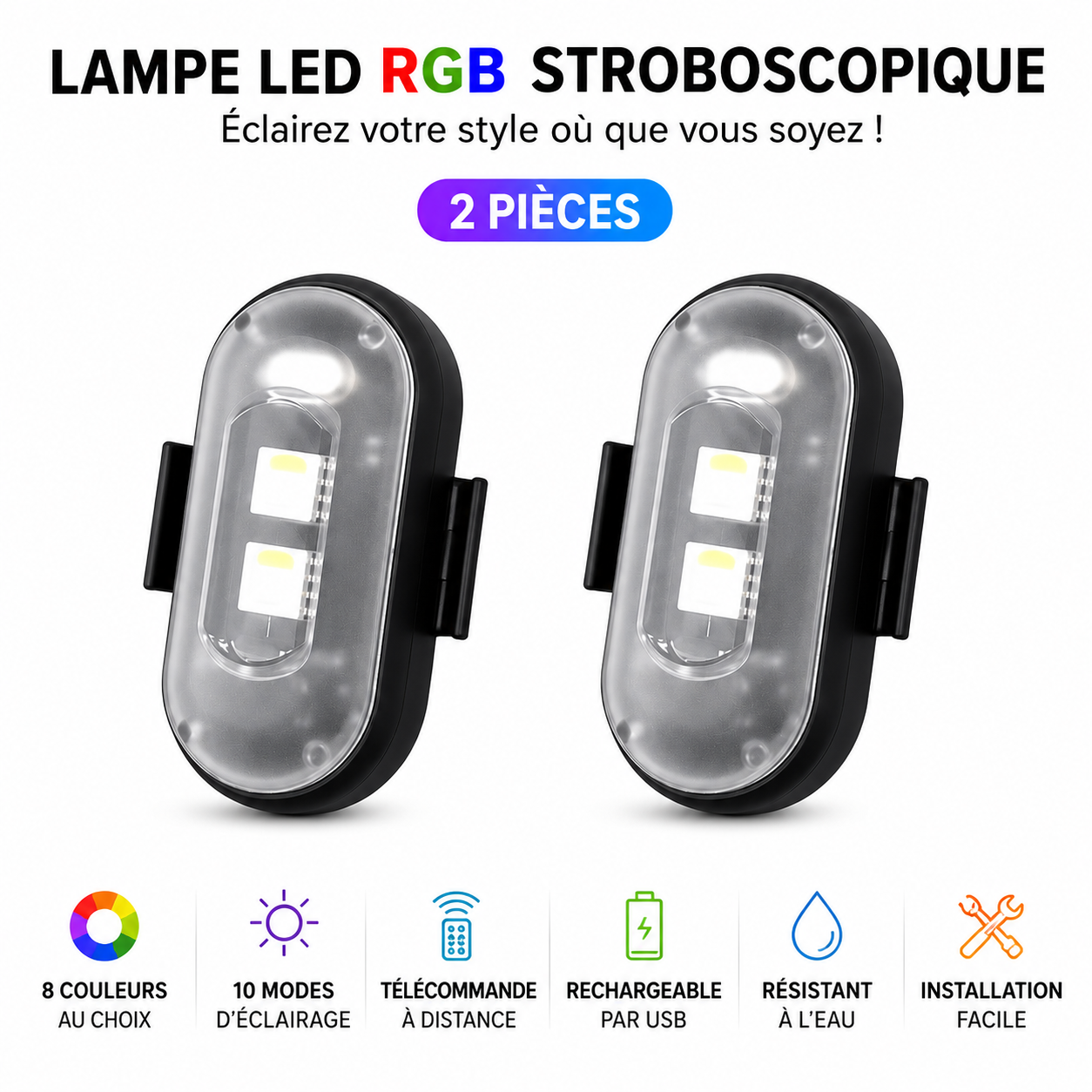 Lampe LED RGB Stroboscopique – 8 Couleurs & Télécommande